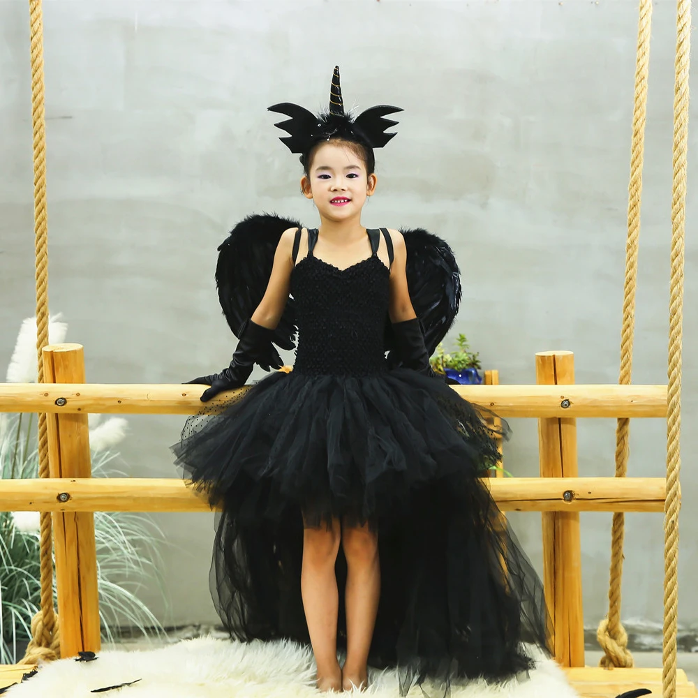 Black Angel Wings Tutu Dress for Girls Devil Halloween Costume for Kids Girl High Low Fancy Dresses Party Children Outfit V-neck