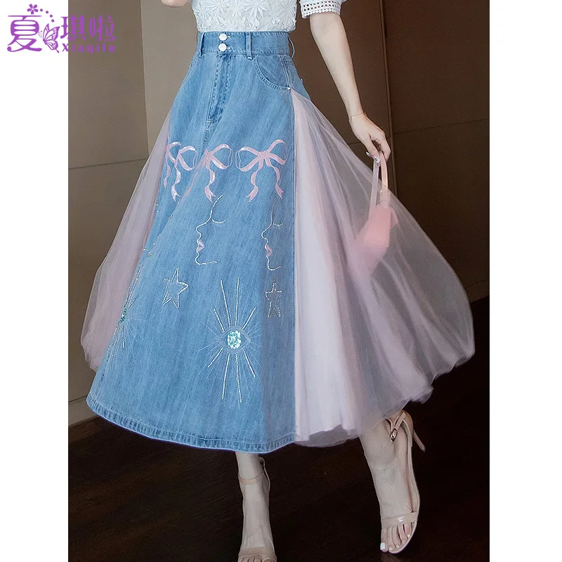 TIYIHAILEY-Jupes mi-mollet en maille et denim patchwork pour femmes, taille haute élastique, jean printemps et automne, broderie