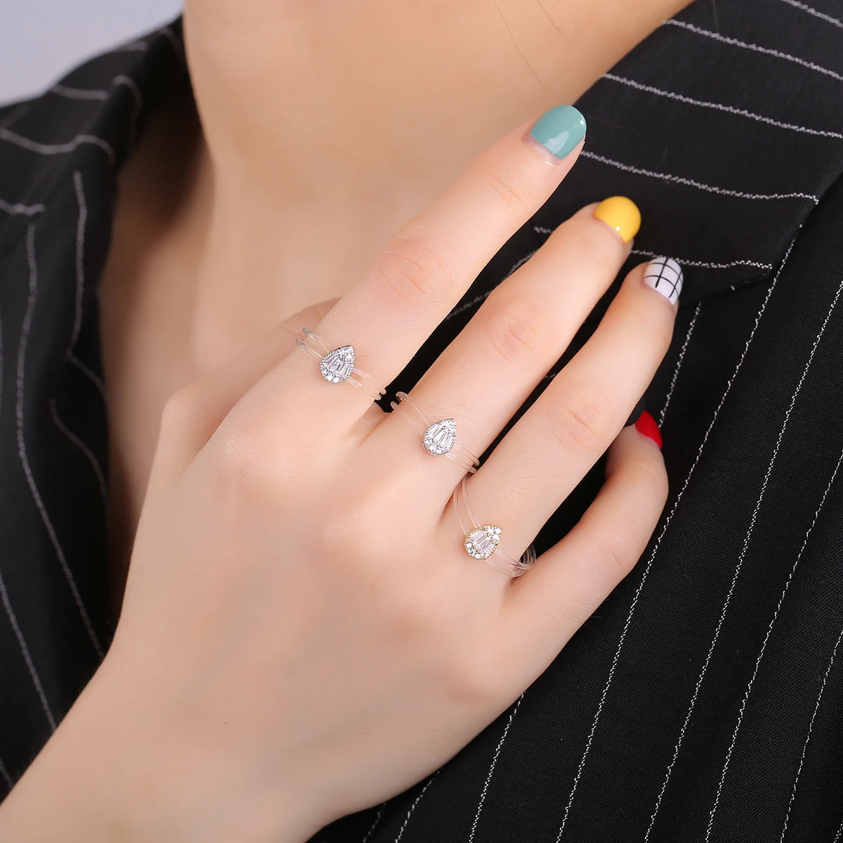 Sweet Trendy Women\'s Ring Fashion Invisible Transparent line Brass Ring Waterdrop Zircon Jewelry Accessory For Daily life