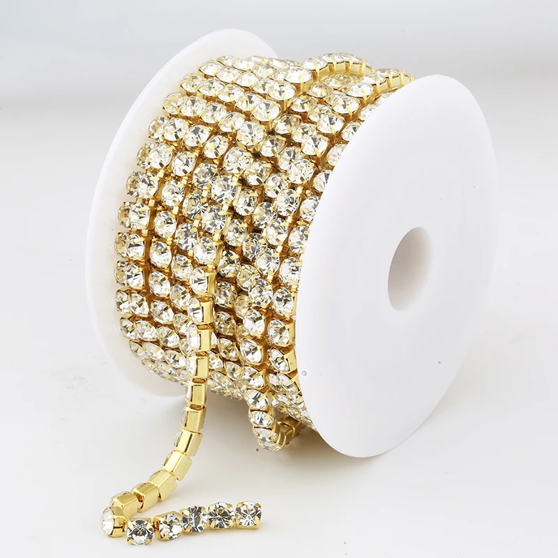 RESEN AAAA Big Size 5mm/6mm Sliver/Gold Dense Crystal AB Rhinestone Cup Chain Trim Brass Strass Glass Crystal Chain For Sewing