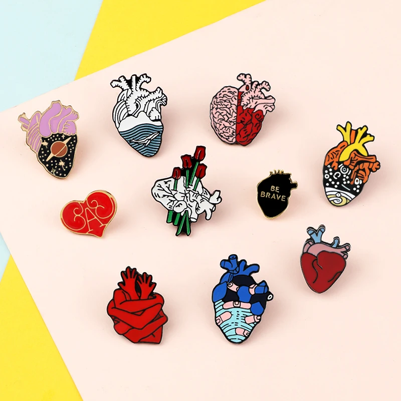 Anatomical Heart Enamel Pins Medical Universe Hug Rose Brave Heart Brooches Bag Clothes Lapel Pin Badge for Doctor Nurse Jewelry