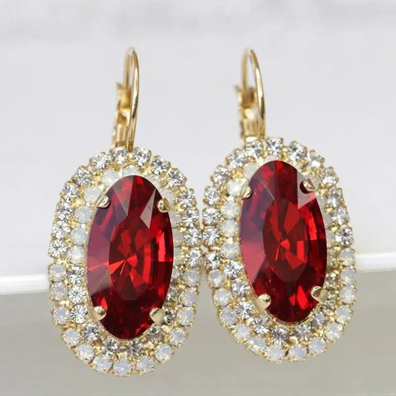 Fashion Ladies Red Oval Egg-shaped Crystal Wedding Earrings Bling Iced Out Rhinestone AAA CZ for Women Party Jewelry