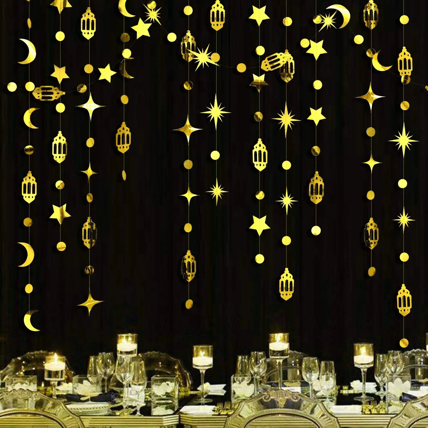 13Ft Gold Eid Mubarak Ramadan Decor Star Moon Circle Dot Crescent Lamp Garland Backdrop Banner Decorations for Home Muslim Party