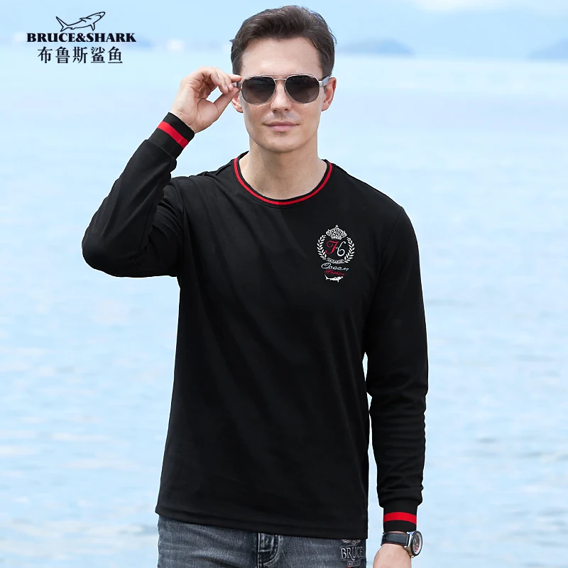 New Men T-shirt All years Wear Long Sleeve Thicken Cotton Top quality Nice Embroidery Round T-Shirt Fashion Smart Bruce&Shark