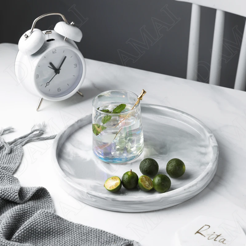 Retro Ceramic Storage Trays Living Room Decor Cosmetic Container Marble Texture Fruit Salad Plate Western Food Serving Tray