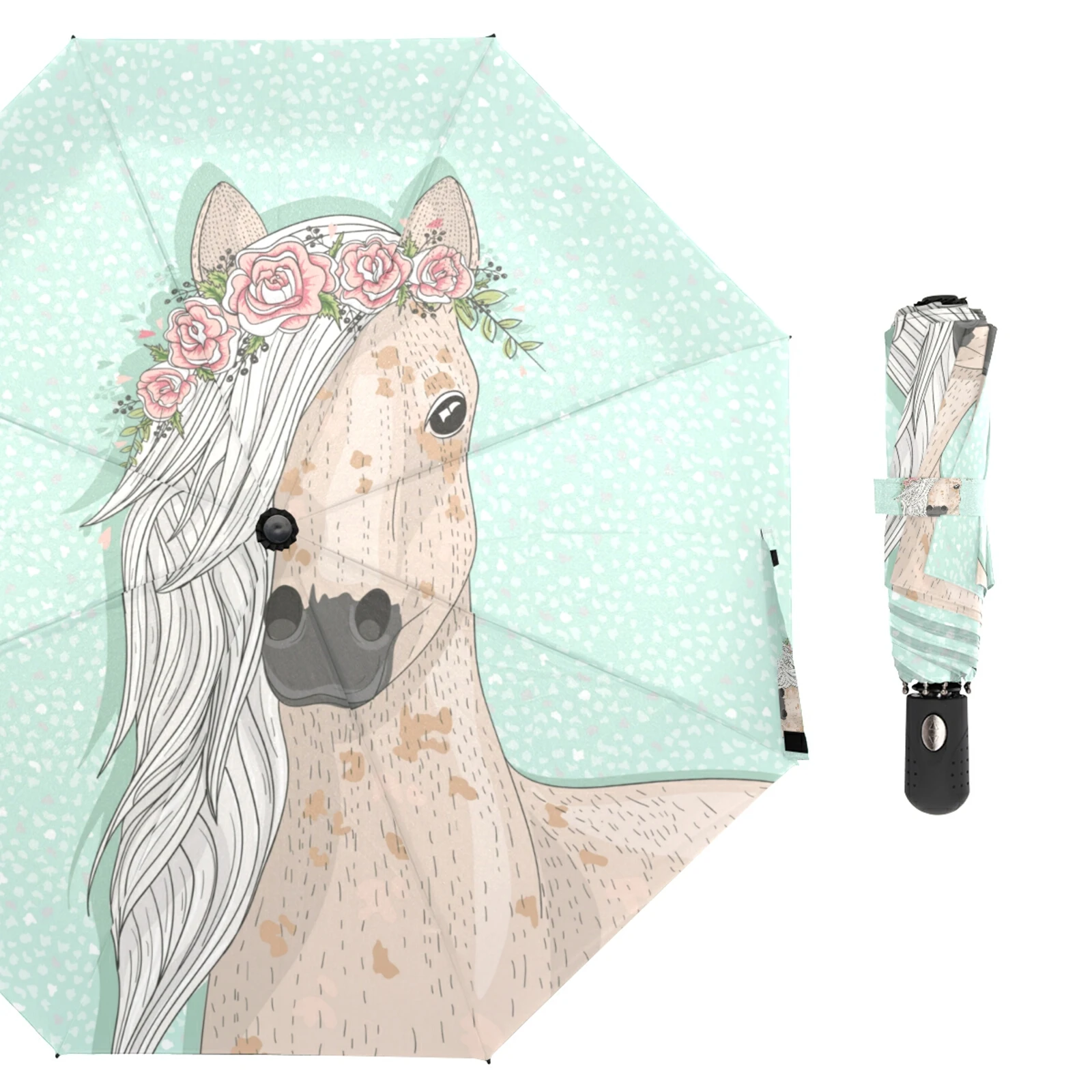 Flower Horse Portable Fully Automatic Umbrella Rain Women Sun Protection Three Folding Umbrella Parasol Parapluie Anti-UV 8 Ribs