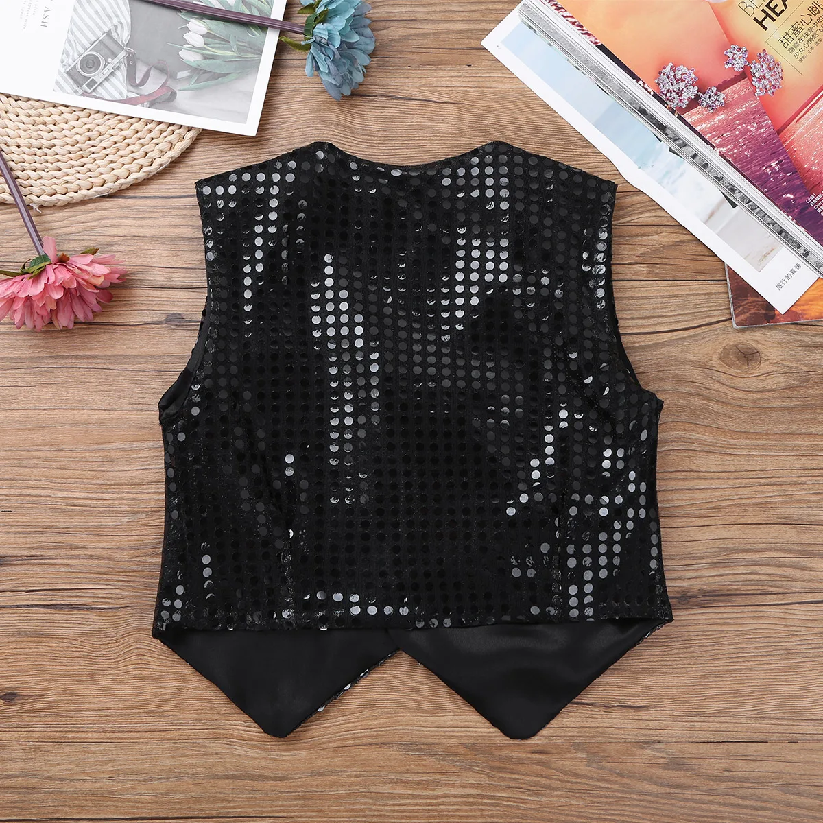 Kids Boys Hip-hop Jazz Dance Costume Glittery Sequined Vest Waistcoat Children Choir Stage Performance Carnival Party Clothes