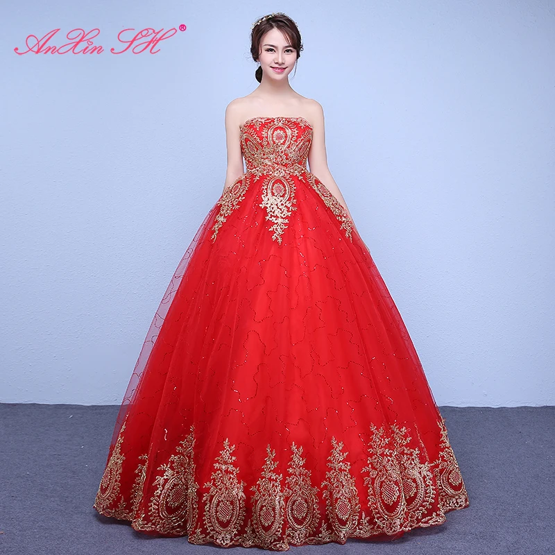 

AnXin SH flower red lace sparkly wedding dress turkey princess strapless sleeveless beading crystal golden red wedding dress