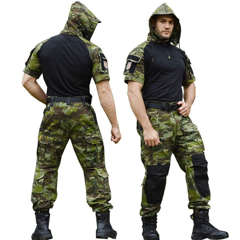 Camisetas masculinas de caminhada tática, camuflagem do exército militar, shorts de manga comprida, caça, escalada, roupas esportivas respiráveis,