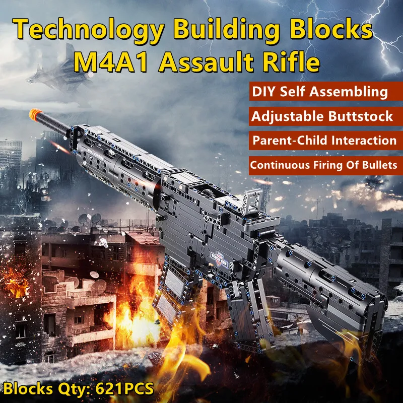70CM Large Size 621PCS Building Block M4A1 Gun DIY Self Assembling Firing Bullets Adjustable Buttstock Parent-Child Kids Gift