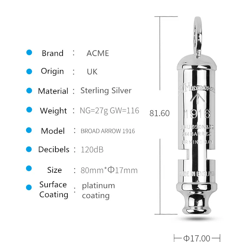 ACME Broad Arrow 1916 World War I Memorial Limited Edition Fashion Souvenir Whistle Necklace Pendant Sterling Silver Whistle