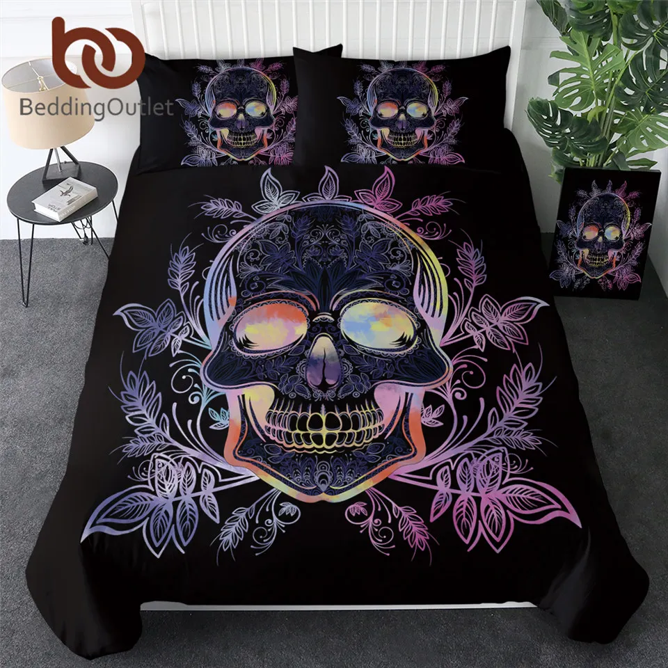 

BeddingOutlet Gothic Skull Bedding Set Leaves Paisley Duvet Cover Set Pink Purple Bedclothes Floral Stylish Home Textiles 3pcs