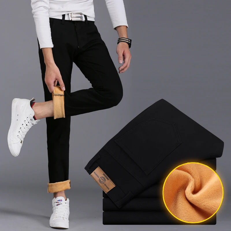 2023 Winter New Men\'s Warm Casual Pants Classic Style  Fashion Thicken Slim Fit Fleece Trousers Black Blue Khaki Brand Clothes