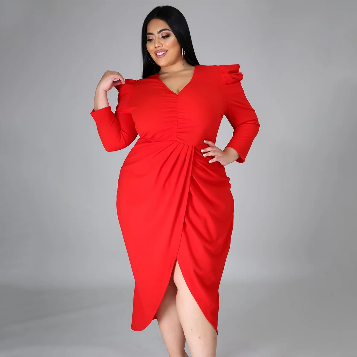 

L-4XL Women Fall Clothing 2022 Plus Size Dresses Fashion Casual Solid Color Long Sleeve Dress Outfit Wholesale Dropshipping