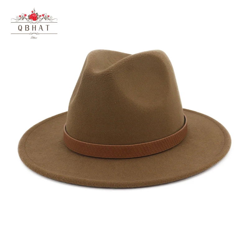 QBHAT Men Women Wide Brim Wool Felt Vintage Panama Fedora Hat Fashion Jazz Cap Leather Decoration Floppy Gambler Chapeau QB41