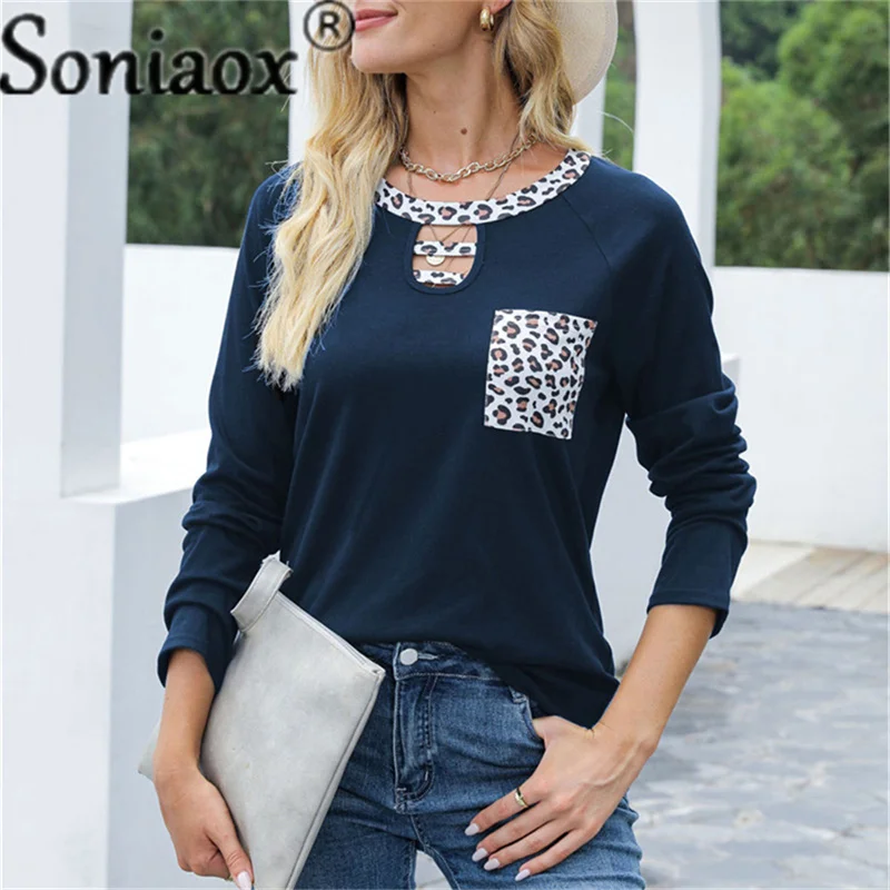 

2021 Autumn Women New Fashion Leopard Printed Graphic T-Shirt Casual O-Neck Long Sleeve Splice Pockets T-Shirt Top