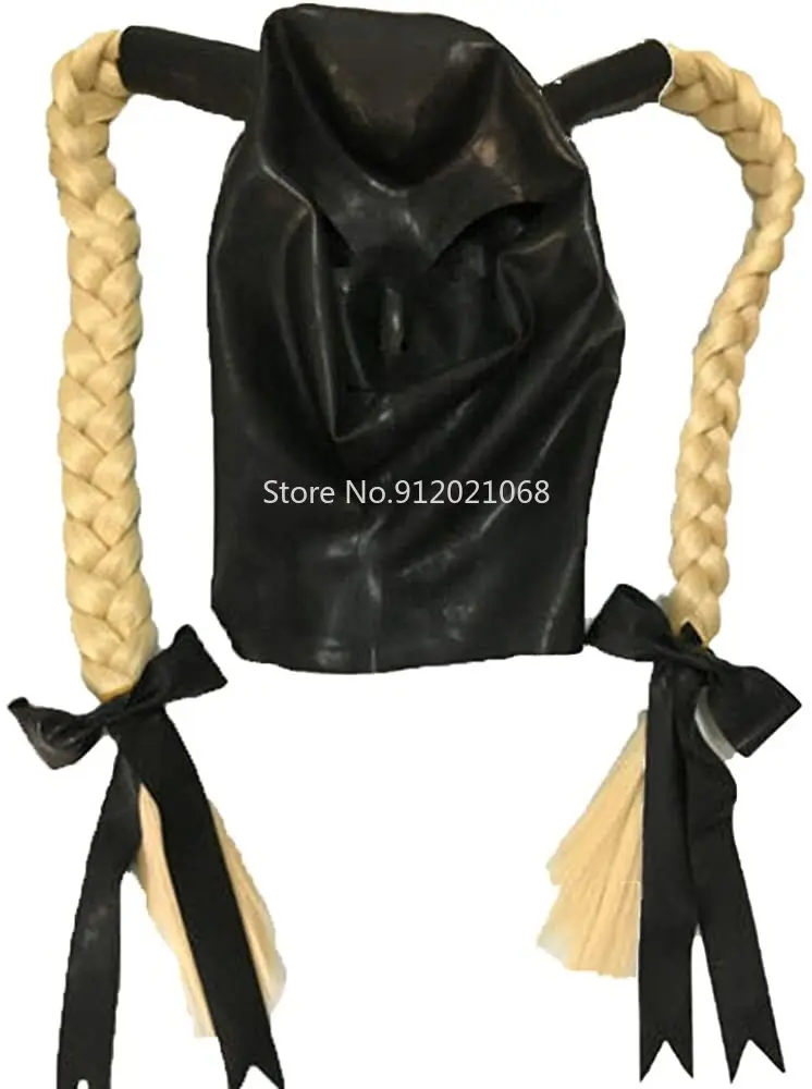 

Latex Rubber Hood with Double Blond Ponytail Wigs Beautiful Girl Headgear Rubber Mask