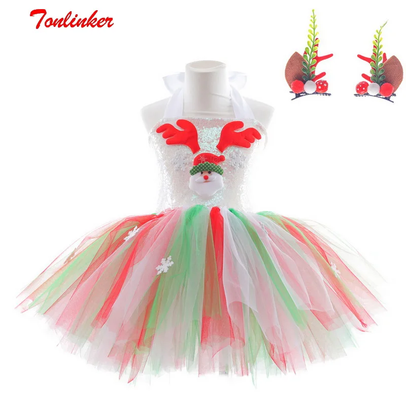 

Girls Christmas Dress Santa Reindeer Costume Kids New Year Xmas Sequin Tutu Mesh Dresses Halloween Cosplay Fancy Costumes