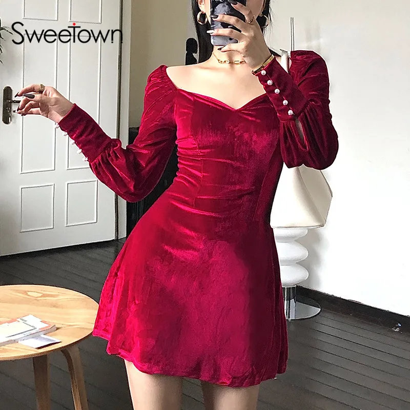 Sweetown สีดำกำมะหยี่แขนยาวฤดูใบไม้ร่วงฤดูหนาวชุดคอเซ็กซี่เซ็กซี่ MODE Korea มินิผู้หญิง