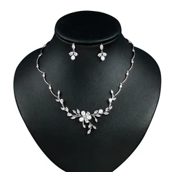 WEIMANJINGDIAN Brand Floral Cubic Zirconia and Shell Pearl Bridal Wedding Jewelry Necklace and Earring Set