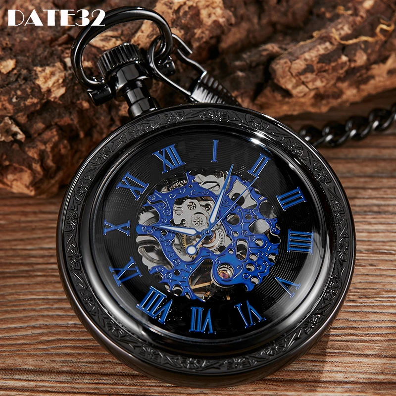 Numeral romano clássico relógio de bolso mecânico sliver preto esqueleto caso dial masculino fob corrente relógio para homem mulher dropshipping