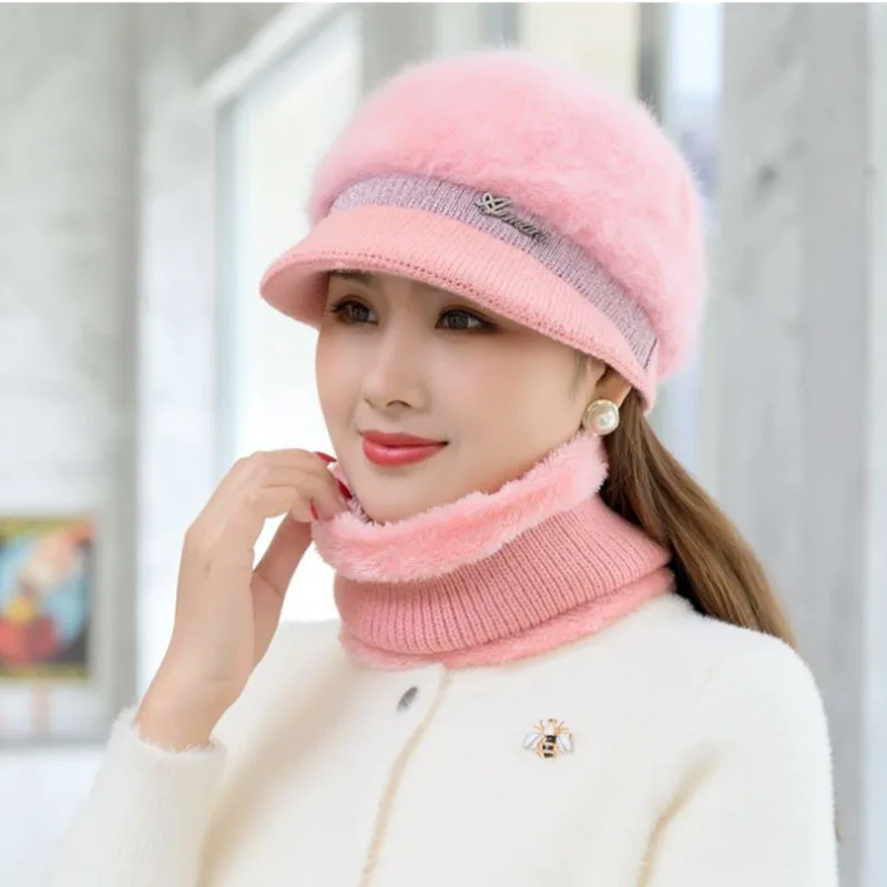 Autumn Winter Hats For Women Rabbit Fur Knitted Hats, Bibs, Gloves, 3-Piece Set, Outdoor Outing, Cycling, Ski Hat