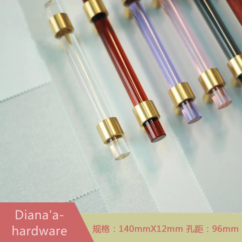 Nordic Light luxury Brass+Crystal Handle 140 x 12mm Modern Colorful Cupboard Door Wardrobe T Bar DIY Handles for Furniture