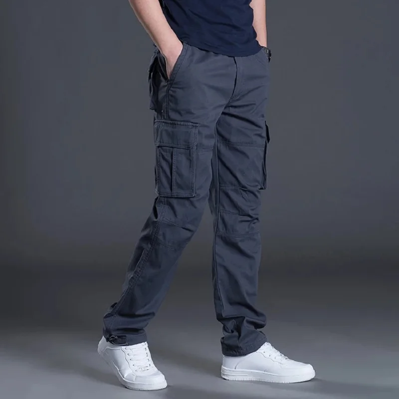 

Spring Autumn Cotton Loose Cargo Pants Men Casual Elastic Waist Straight Military Army Multi-pocket Tactical Mens Trousers