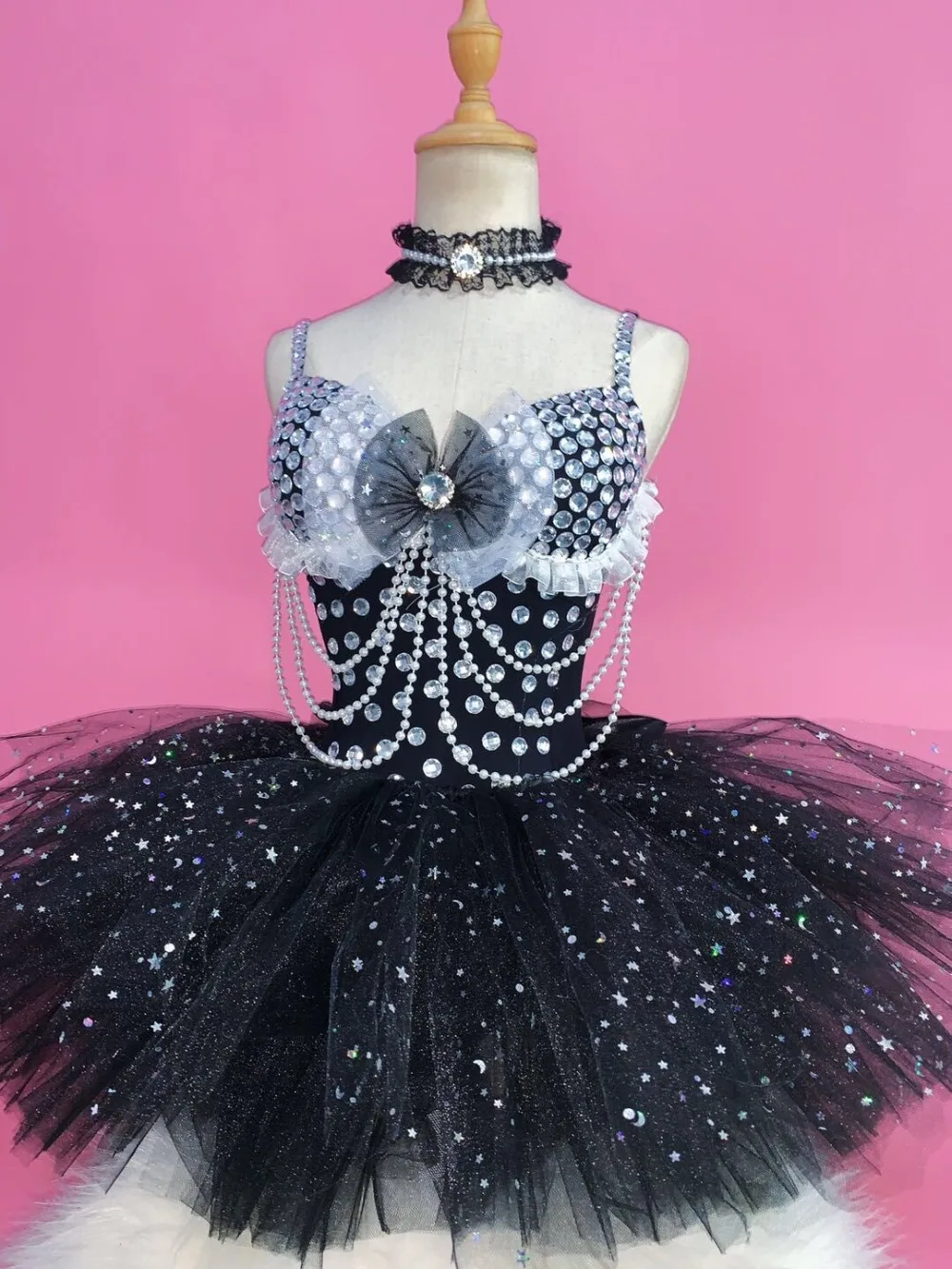Sexy Female costume Sparkly crystal dress Black skirt bodysuit singer Nightclub dancing stage wear performance party show