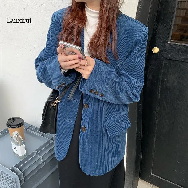 

Single Breasted Retro Thick Corduroy Blazer Long Sleeve Office Lady Blazer 2020 Women Outerwear Loose Suit Jacket Coats