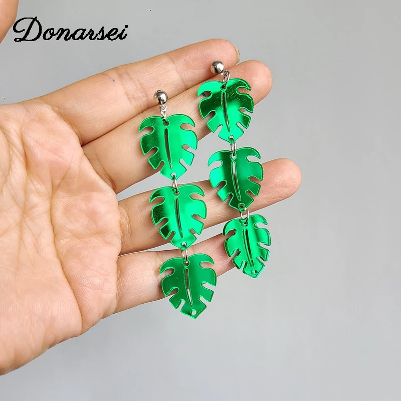 Donarsei Fashion Mirrored Green Monstera Leaves Acrylic Earrings For Women Female Plant Drop Earrings