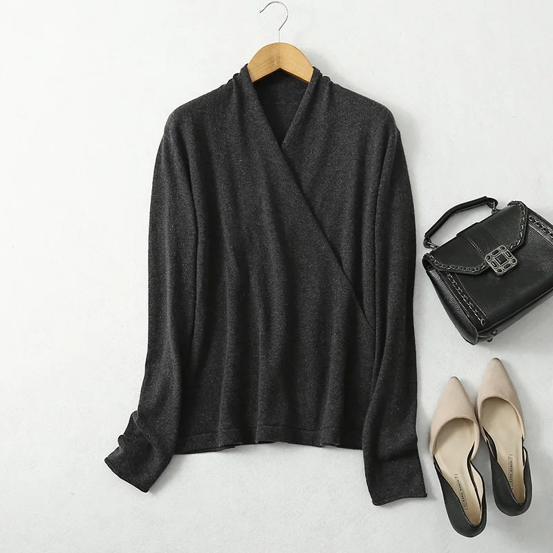 Women 85% Silk 15% Cashmere Cross V-Neck Everyday Long Sleeve Pullover Sweater Winter Chic Top Shirt LY024