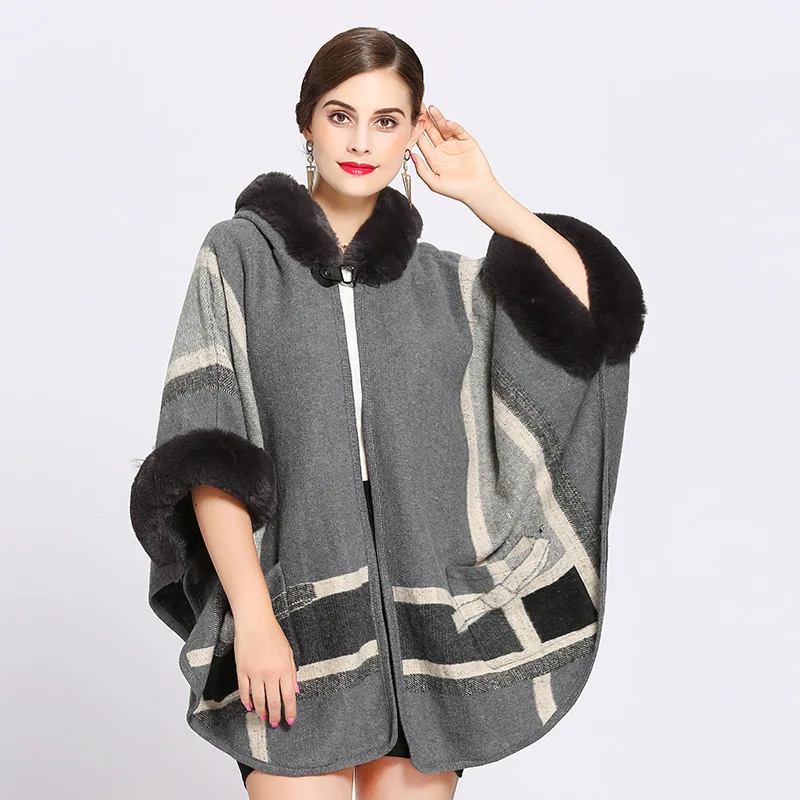 

Ladies' Fur Collar Shawl Cloaks Pocket Knitted Hooded Cardigan Jacket Female Large Size Capes Coat for Women 2021 New