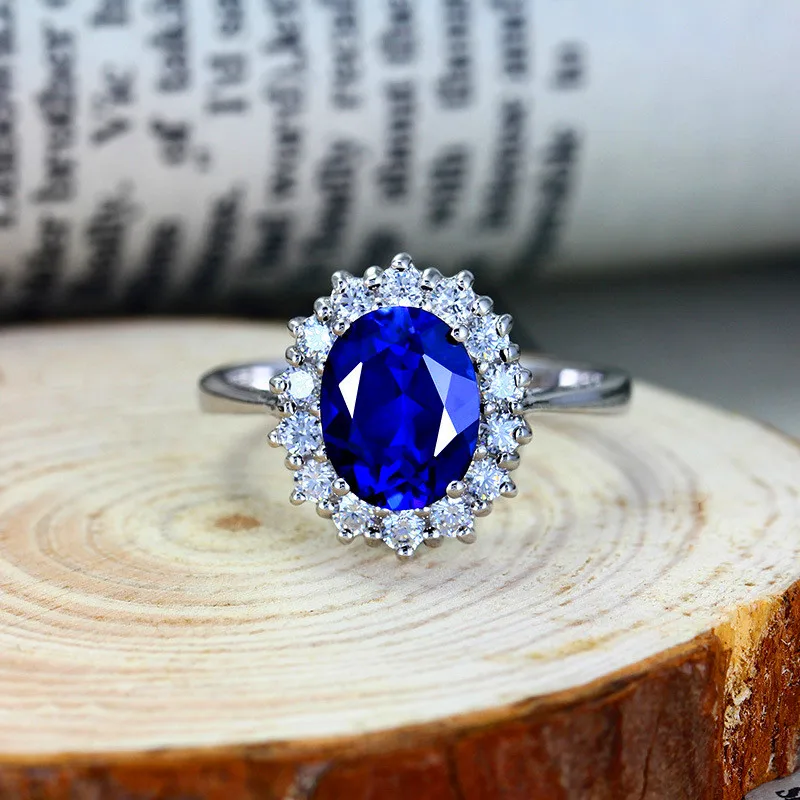 

Princess Diana William Kate Middleton's 3ct Created Blue Sapphire Engagement Luxury 925 Sterling Silver Rings for Women