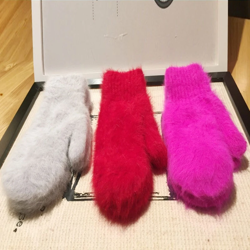 Female Elastic Full Fingers Gloves Cute Rabbit Wool Gloves Women Winter Mittens Fashion Solid Color Mittens Thicken Warm Gloves