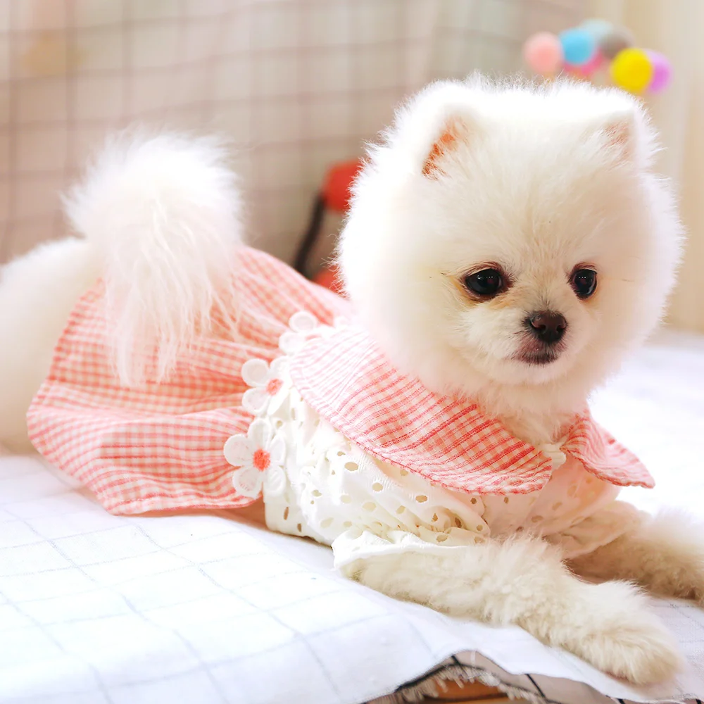 Dog Dress Mini Grid Flower Hollow Dress Spring Summer Pets Outfits Dog Clothes for Small Dog Party Dog Skirt Puppy Pet Costume