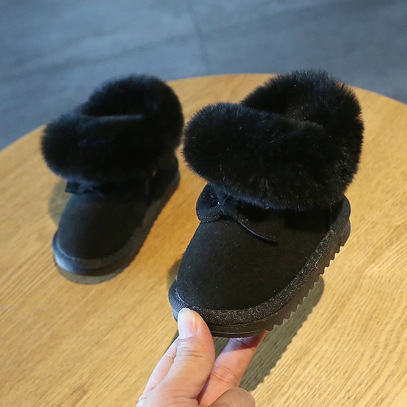 Claladoudou 11.5-15.5cm Brand Turned-over Warm Plush Baby Snow Boots Genuine Leather Cute Butterfly Party Winter Shoes Toddler