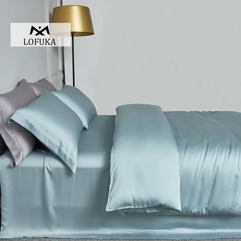 Lofuka Luxury Women 100% Silk Bedding Set Pure Blue Silk Quilt Cover Queen King Flat Sheet Fitted Sheet Pillowcase For Sleep