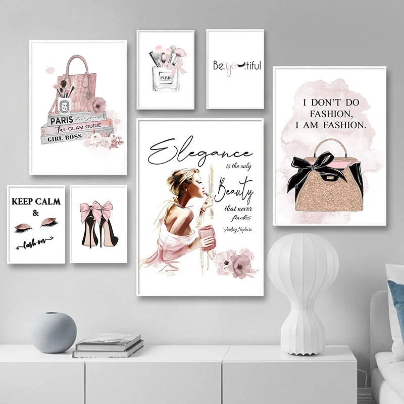 

Fashion Art Poster Pink Luxury High Heels Bag Canvas Print Wall Painting Beauty Salon Girls Room Decoration Creative Picture