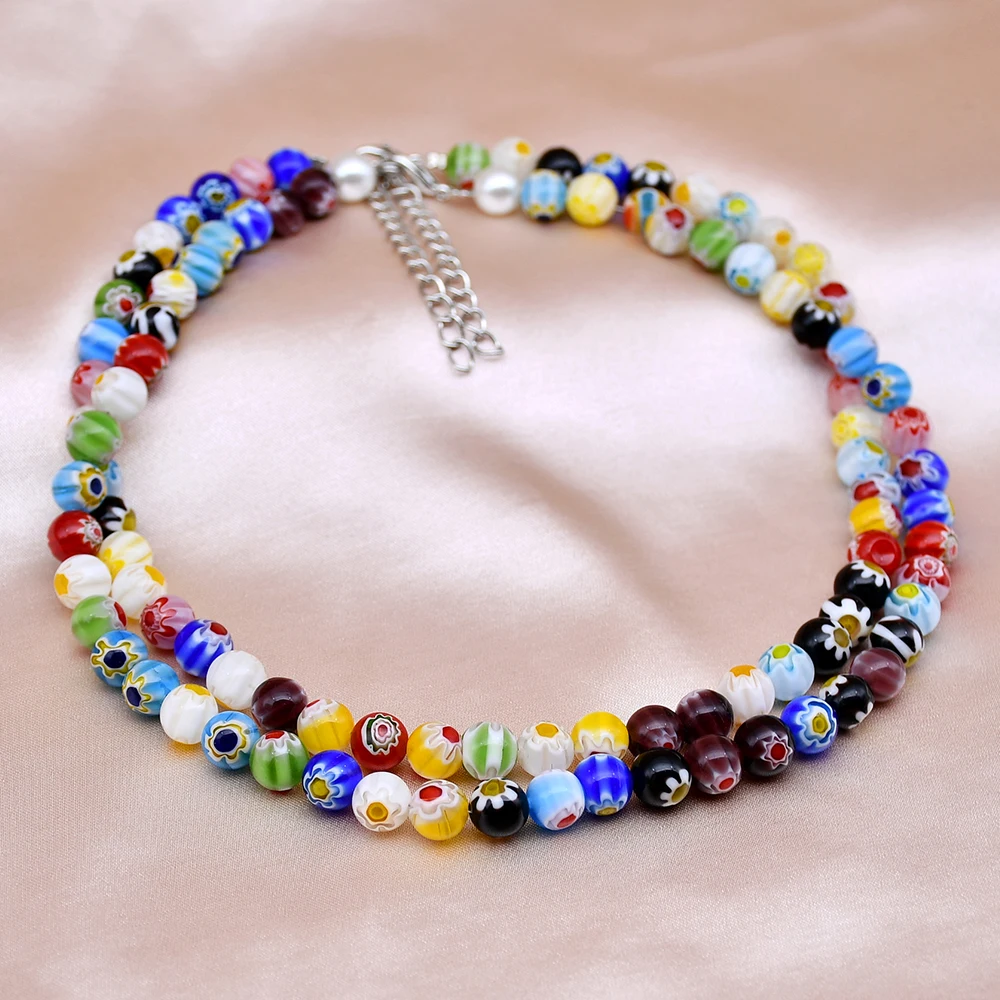 Yumfeel New Trendy Beaded Necklace Handmade 8mm Murano Flower Eye Jewelry Women Necklace