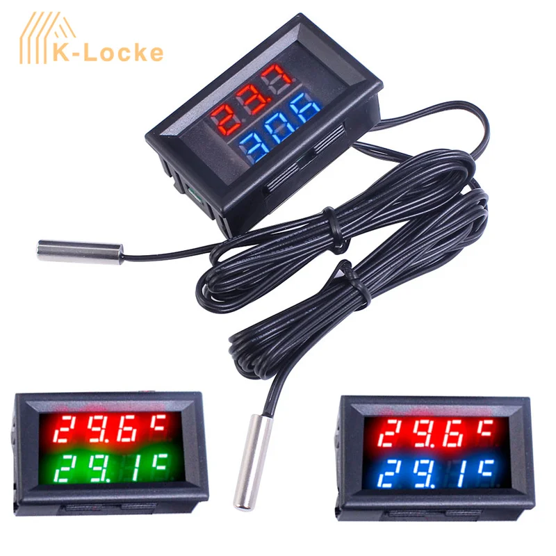 DC4-28V Dual LED Display Digital Thermometer Metal Waterproof Dual Probe Temperature Sensor Meter Detector Tester Monitor