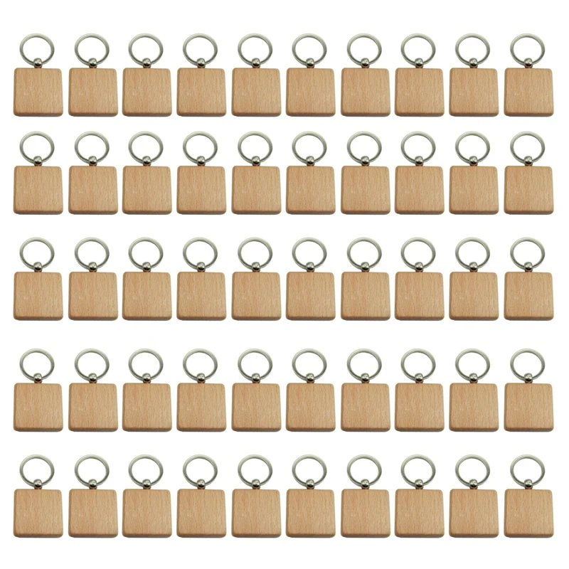 50Pcs DIY Blank Wooden Keychain Square Carved Key Ring Wooden Key Ring 40 x 40 mm