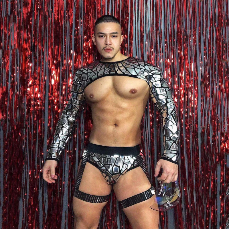 مثير القطب الترتر الساق مجموعات سيمفوني الجاز الهذيان الزي عرض ليلي الرجال الفضة التكنولوجيا المستقبل موضوع المرايا جوجو ازياء XS1156 #2