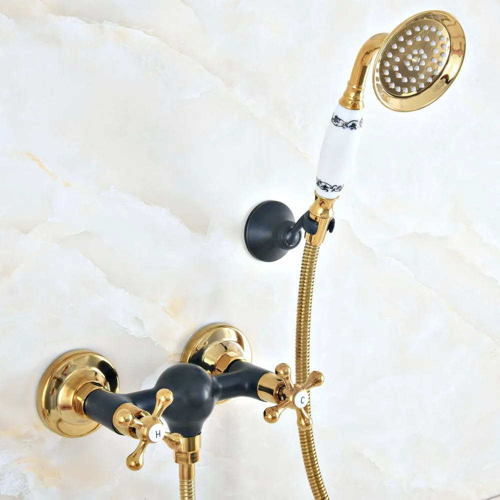 

Black Oil Rubbed & Gold Brass Wall Mount Bathtub Faucet with Handheld Shower Set +1500MM Hose Mixer Tap 2na517