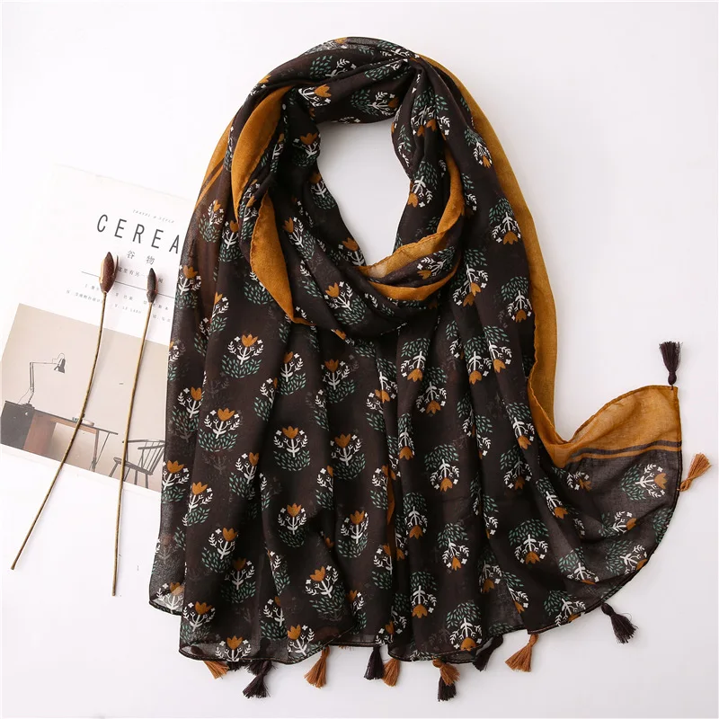 2020 Spring Flower Print Tassel Scarf Shawls Floral Pattern Tassel Wrap Hijab Viscose Beach Travel Scarves Free Shipping