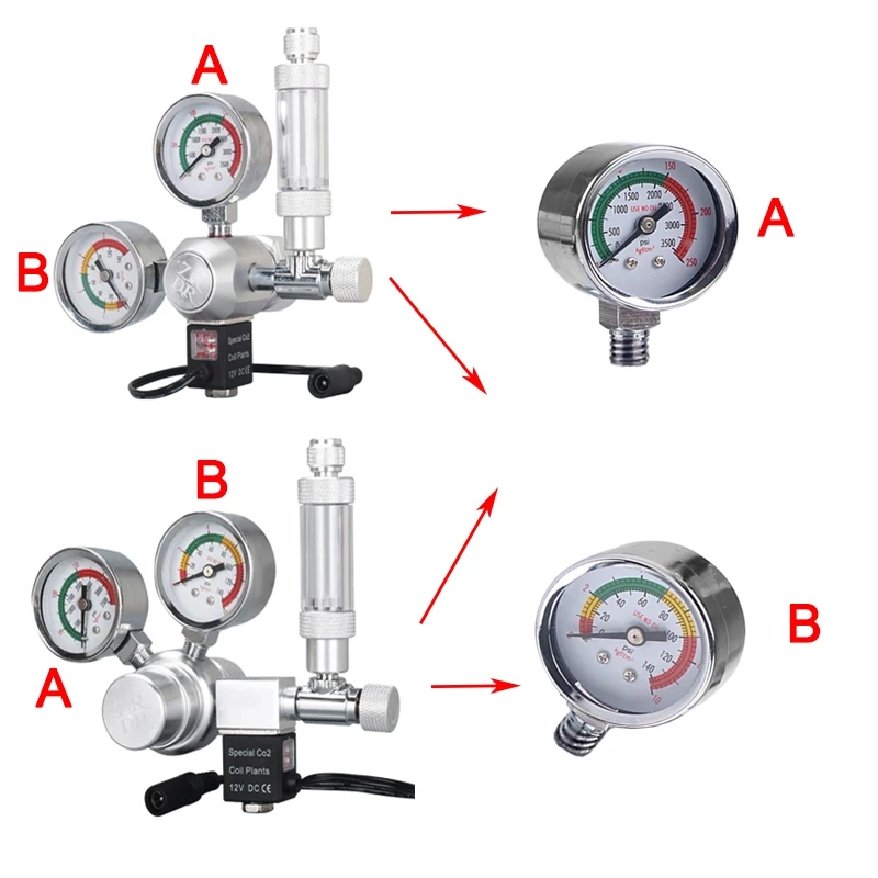 ZRDR aquarium CO2 accessories pressure gauge, high pressure and low pressure gauge for CO2 regulator generator accessories