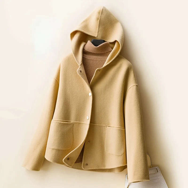 

100% Real Wool Coat Female Short Loose Hooded Coats Women Autumn Trench Woman Clothes Jackets for Women 2021 Casaco Feminino WPY