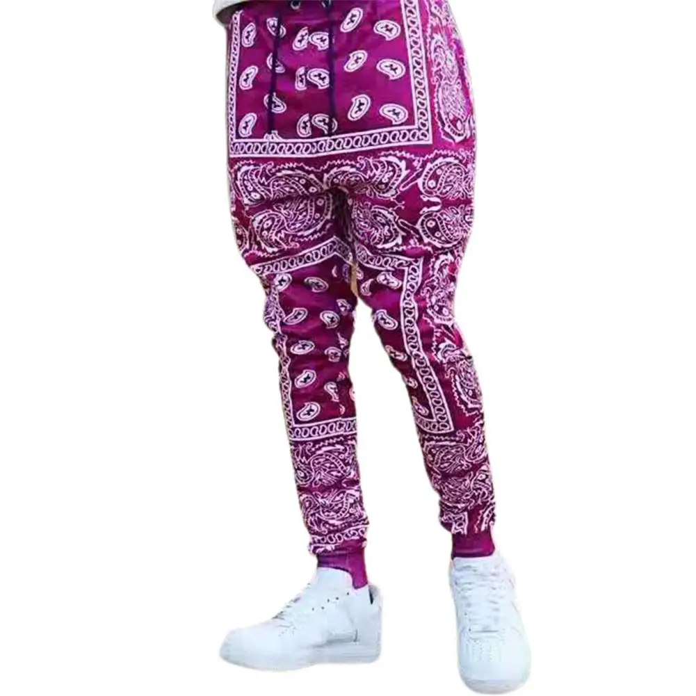 Men Casual Pants Cashew Flower Print Thin Summer Full Length Mid Rise Trousers Riding Hip Hop Streetwear Casual Pants