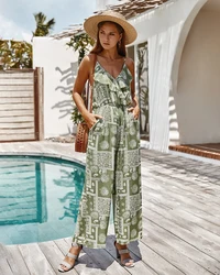 Women Sleeveless Tie-dye Beach Boho Casual Jumpsuit 2022 Summer Homewear Beach Vacation High Street Romper Overalls