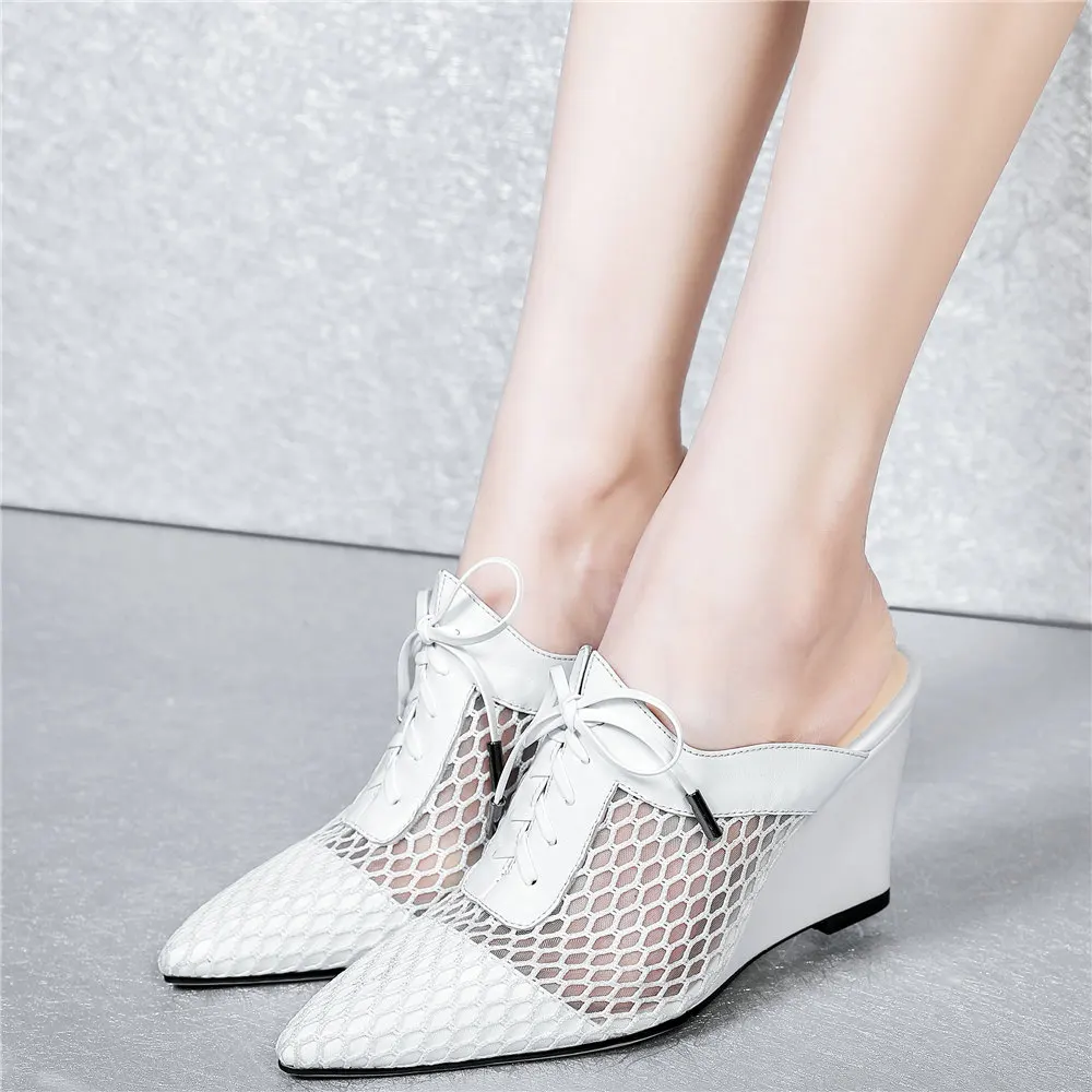 

Shoes Women Genuine Leather Wedges High Heel Roman Gladiator Sandals Female Breathable Mesh Pointed Toe Pumps Shoes Casual Shoes